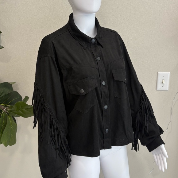 KORI Black Faux Suede Western Fringe Snap Shirt Jacket Womens Size Large Shacket - Picture 4 of 13